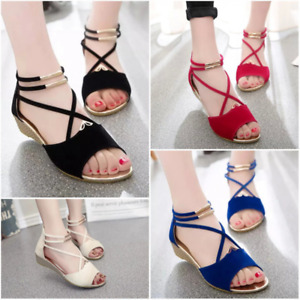 Women Open Toe Low Heel Wedge Sandals Summer Cross Strap Casual Shoes Comfort