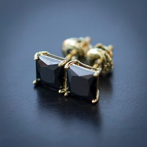 14k Yellow Gold Plated 2Pc Men's Hip Hop Black Onyx Solitaire Stud Earrings - Picture 1 of 4