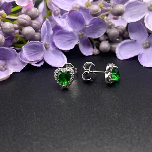 White Gold Finish Heart Cut Green Emerald Created Diamond Stud Earrings GIFT BOX - Picture 1 of 8