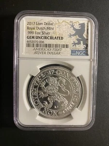 2017 Netherlands Lion Dollar 1 oz Silver NGC Gem Uncirculated - Picture 1 of 2