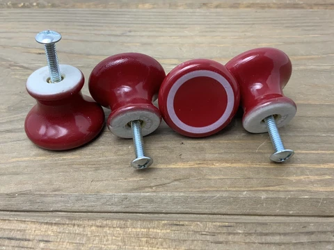 4 Vintage Porcelain Round Knobs Red with Gray Stripe Japan Includes Screws 1.25” Cover