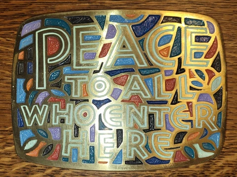Vtg Terra Sancta Guild 1966 Brass Peace to All Who Enter Here Plaque Sign Cover