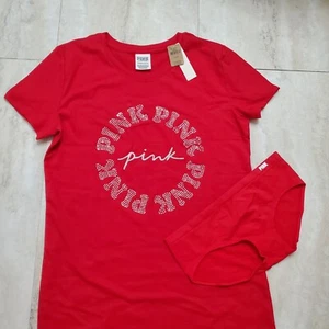 Camiseta Victoria's Secret ROSA Algodón Mangas Cortas Campus ROJO Estrás Panty - Imagen 1 de 5
