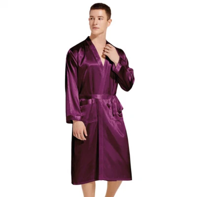 Hombres Largo Satén Seda Pijama Kimono Albornoz Bata Vestido Pijamas Ropa de Salón EE. UU. Foto 1 de 4