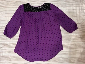 Worthington Pleated Blouse Long Sleeve Purple Black Polka Dot Top Women's Medium - Picture 1 of 7