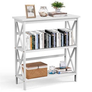 Wooden Shelf Bookcase 3-Tier Open Bookshelf W/X-Design Freestanding Rack White - Picture 1 of 10