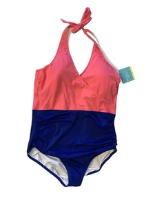 Bal Harbour One Piece Color Block Pink Navy Halter Top Swim Suit Size 20 - Picture 1 of 9