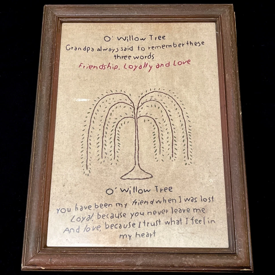 Vtg Primitive Folk Art Framed Embroidery Stitchery “O Willow Tree” 70’s Quote - Image 1 of 4