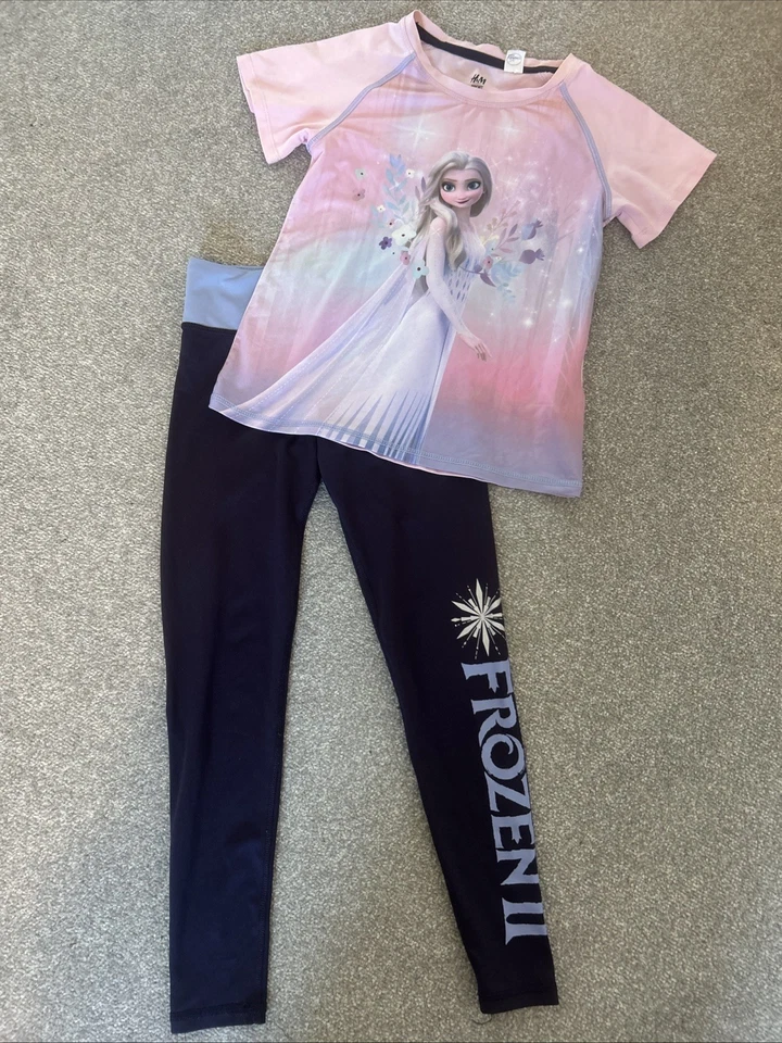Girls H&M Sport Disney Frozen 2 Elsa Top & Leggings Set Gym Age 6 7 8 Years - Image 1 of 4