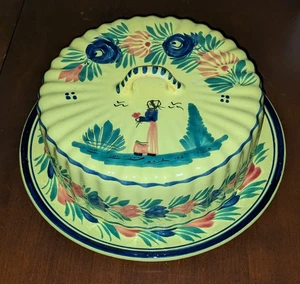 Henriot Quimper Soleil Yellow Cheese Dome and Plate France Folk Art - Picture 1 of 9