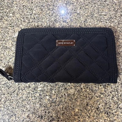 Vera Bradley Black Quilted Zip Around Wallet – Animal Print Interior, RFID, 7.5” - Image 1 of 4