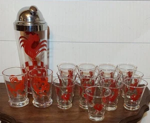 Vintage/Retro Checkered Red Rooster Cocktail Shaker and Glass Set, Barware - Picture 1 of 21