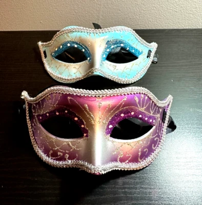 2 Costume Masks Masquerade Cosplay Halloween Glitter Sparkle Blue & Purple - Image 1 of 4