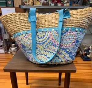 Blue Paisley XL Open Top Tote Bag Straw Woven Beach Bag 24"W 16" H Used๐บ๐ธ๐ - Picture 1 of 4