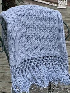 Kunsthandwerk Europäische Handarbeit Hellblau Fransen Wolle Afghan Überwurf * 54 x 42 - Bild 1 von 6