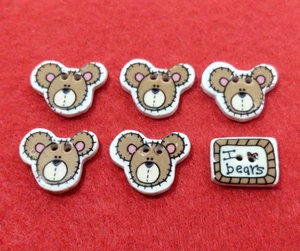 Trena's Trinkets Teddy Bear Buttons 2-Hole Flat Ceramic Set of 6 Bears Vintage - Picture 1 of 3