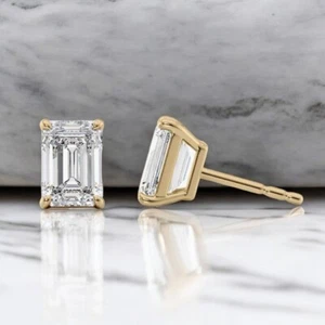 Emerald Cut IGI Diamond Earring Lab Created 2.00 Ct 18K Yellow Gold Women E F VS - Picture 1 of 8