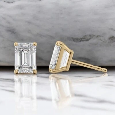 Emerald Cut IGI Diamond Earring Lab Created 2.00 Ct 18K Yellow Gold Women E F VS - Image 1 of 4