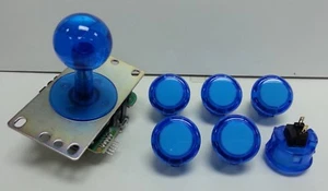 JAPAN Sanwa Clear Blue Push-Buttons x 6 & Clear Blue Joystick Video Game Parts - Picture 1 of 7
