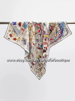 Sallys 14~18 Momme Twill Silk Wrap Scarf Animals Night Print Square Shawl 35" - Image 1 of 4