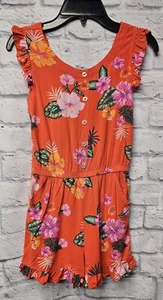 WONDER NATION M 7 8 RED ORANGE TROPICAL FLOWER BUTTON RUFFLE POCKET ROMPER - Picture 1 of 13