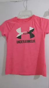 UNDER ARMOUR~Pink w/ Black & White Logo HEATGEAR T-Shirt Top~Girls Medium - Picture 1 of 4