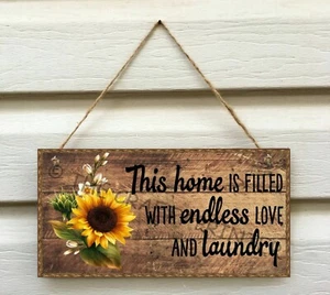 SONNENBLUME Holz Wandschild Plakette "ENDLOSE LIEBE UND WÄSCHE" Größe 5,5" x 11" - Bild 1 von 2