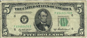 1950B 5$ Federal Reserve Note - IBP/RBA F69492476B - #13545 - Picture 1 of 2
