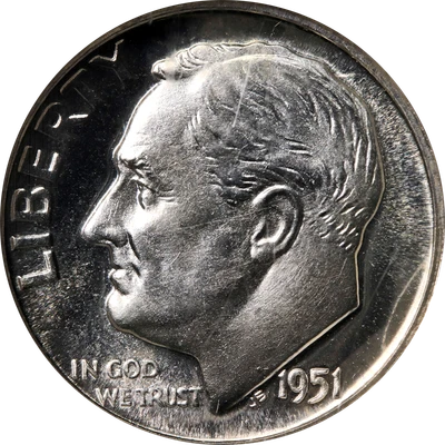 Moneda de diez centavos Roosevelt 1951 a prueba NGC PF68 camafeo excelente atractivo visual fuerte golpe Foto 1 de 4