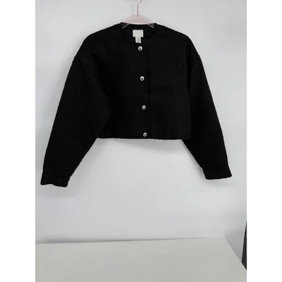 H&M Black Boucle Cropped Round Neck Button Up Blazer Jacket XS - Image 1 of 4