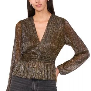 Parker Olivia Metallic Stripe V-Neck Peplum Blouse Top Black Copper Silver XXS - Picture 1 of 10