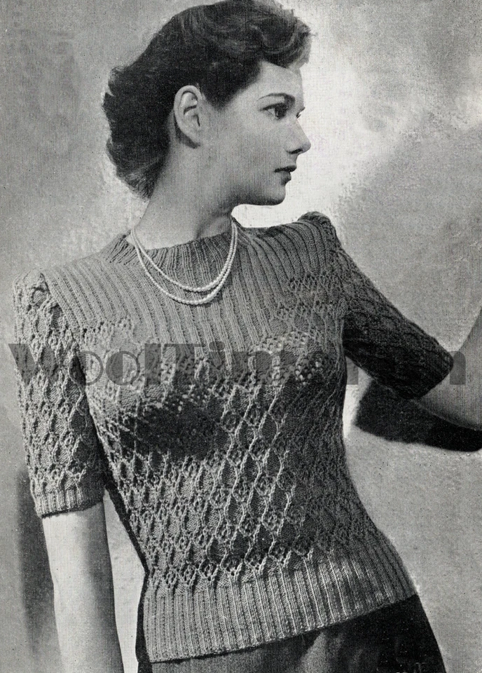 Knitting Pattern/Instructions Womens Vintage 1940s Rib & Lace Sweater Jumper - Image 1 of 1