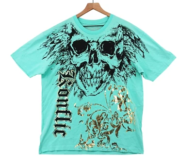 Konflic Graphic T-Shirt Mens XL Teal Black Gold Skull Spell Out CottonGothic - Image 1 of 4