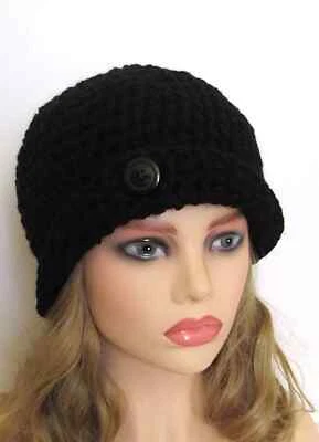 CLOCHE FLAPPER  HAT CHEMO CAP BLACK FOLDED BRIM HANDMADE CROCHET ACRYLIC - Image 1 of 4