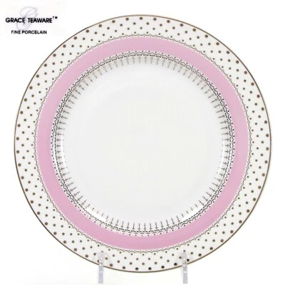 Grace Teaware PIN DOTS ROSA 8" Ensalada Postre Plato Oro Porcelana Como Nuevo Foto 1 de 4