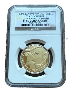 Portugal 2000 Bi-Metallic Gold/Silver 500 Escudos NGC PF69UC Eca De Queiros - Image 1 of 2