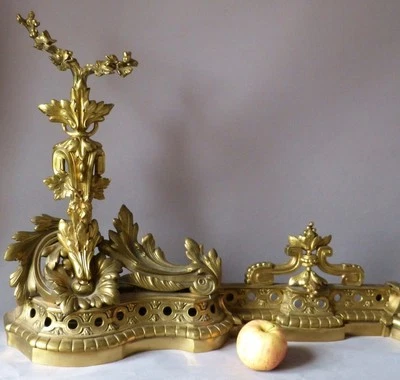 H 53 Cm !! Importante Devanture De Cheminée, Chenets Napoléon III En Bronze Doré - Photo 1/4