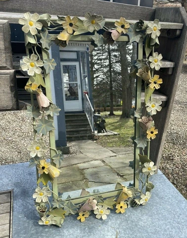 VINTAGE ANTIQUE FLORAL PAINT DECORATED TOLEWARE HANGING WALL MIRROR Cover