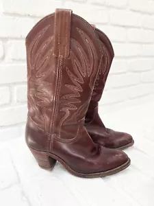 Frye 70s 1975 Vintage 7075 Brown Leather Heel Western Cowboy Boots 6 USA Embroid - Picture 1 of 10