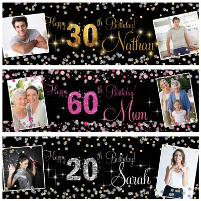2 Personalised birthday banner Photo Silver Gold Pink party wedding poster - Image 1 of 2