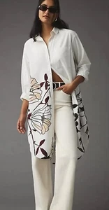 Anthropologie Maeve Maxi Tunic Poplin Buttondown Floral Neutral Motif XS NEW - Picture 1 of 6