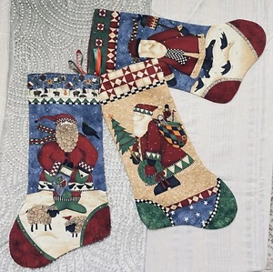 Vintage Handmade Christmas Stocking Set 3 Patchwork Old World Santa Burgundy Red - Picture 1 of 5