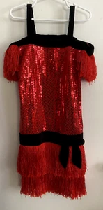Roaring 20s~Red Sequin & Black Velvet Flapper Dress~Costume~Child~Off-Shoulder - Picture 1 of 4