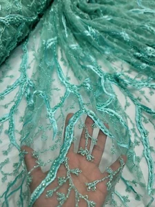 Aqua Mint Beaded Branches Floral Fabric By The Yard Prom Dress Bridal Quinceañer - Picture 1 of 11