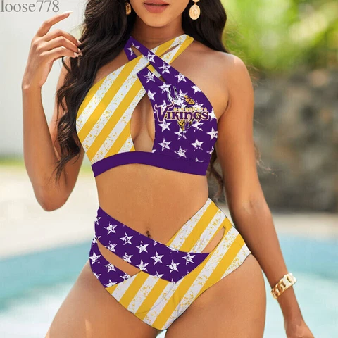 Minnesota Vikings Womens Sexy Bikini Set High Waist Swimsuit Beach Swimwear 2PCS Cover