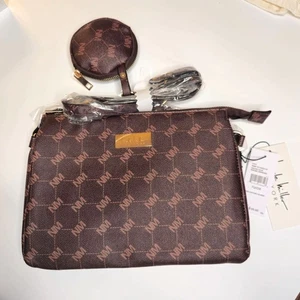 Nicole Miller Logo Convertible Crossbody Clutch Tasche Handtasche Braun mit Münzbörse - Bild 1 von 8