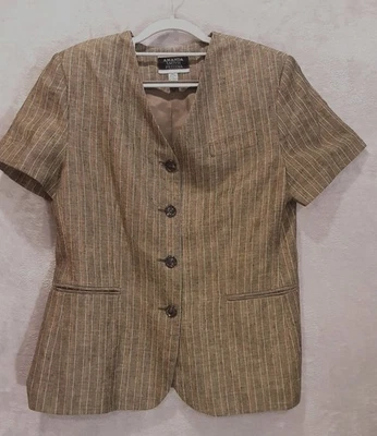Blazer Amanda Smith Petites Mujer 14P Mezcla de Lino Marrón Negro Pin Rayas Slub Foto 1 de 4