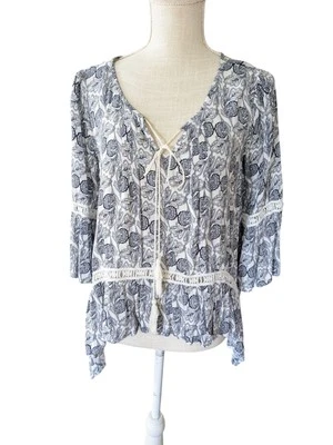 Blusa Top Umgee Mujer Pequeña Blanca Azul Manga Campana Boho Campesina  Foto 1 de 4