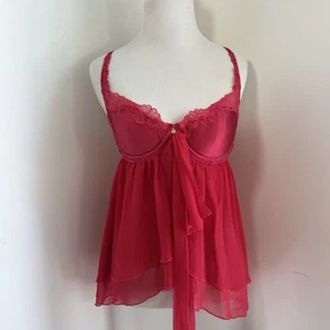 Y2K Victoria's Secret Bustier Bra 34C Cherry Pink Chiffon Lace Babydoll - Picture 1 of 10