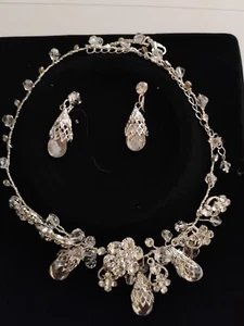 Silver Tone Women Rhinestone Necklace and Earrings Set Wedding Accessories - Picture 1 of 1